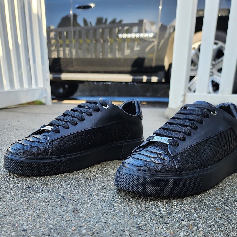 Python Leather Handmade Luxury Black Sneakers